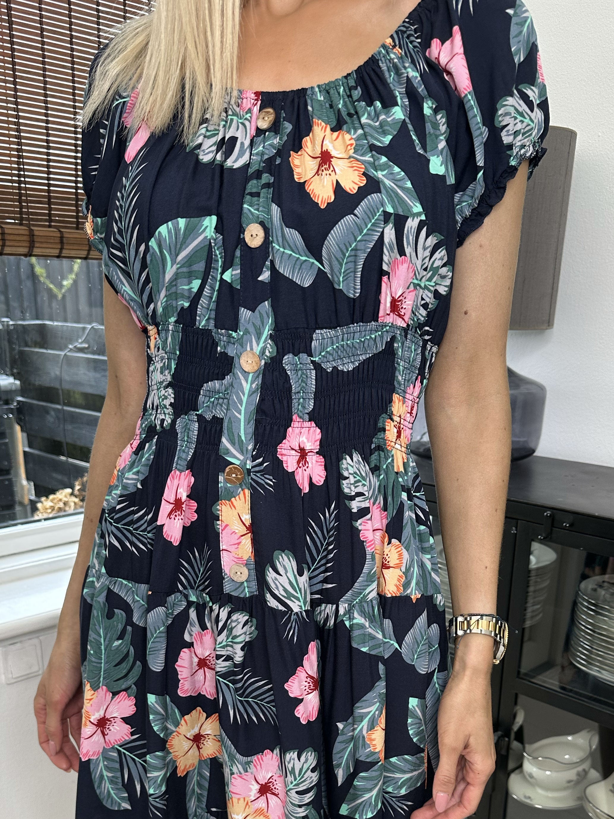 Finalia hawaii short - Sød kjole med hawaii blomster og elastik i taljen